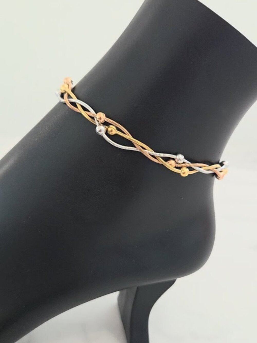 Tri-Tone Beaded Snake Chain Anklet Braided Gold Rose Gold Silver - Picture 2 of 12